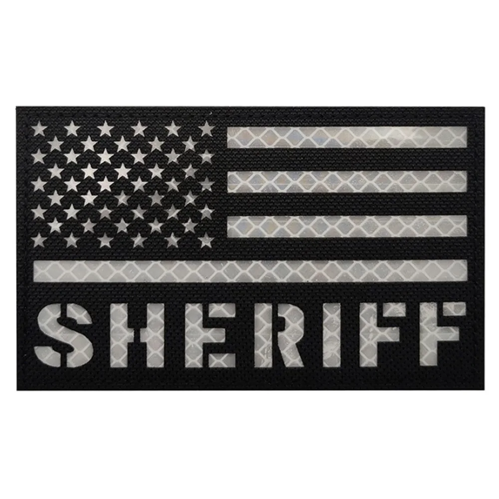 New Design 5X3inchy English Letters SHERIFF American Flag Reflective Armband Black and White Laser Cut Morale Backpack Patch