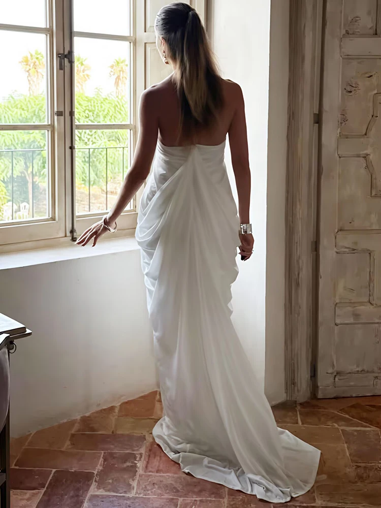 فستان XIAOTANG شبكي بدون ظهر مثير ماكسي فستان نسائي أنيق بياقة على شكل V بدون أكمام مطوي فساتين طويلة للحفلات والنوادي