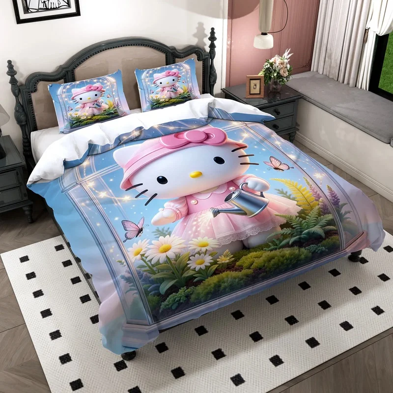 Cartoon Hello Kitty Duvet Cover Glass Greenhouse Garden Butterfly Bedding Set Soft Bed Linens For Girls Room