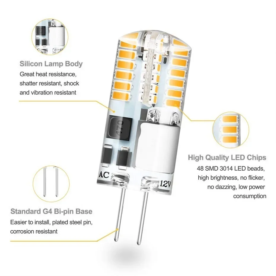 10pcs No Flicker 12V G4 LED Bulb 3W Silicone 360 Beam Angle 48LEDS SMD3014 Super Bright Replace 30W Halogen Chandelier Light