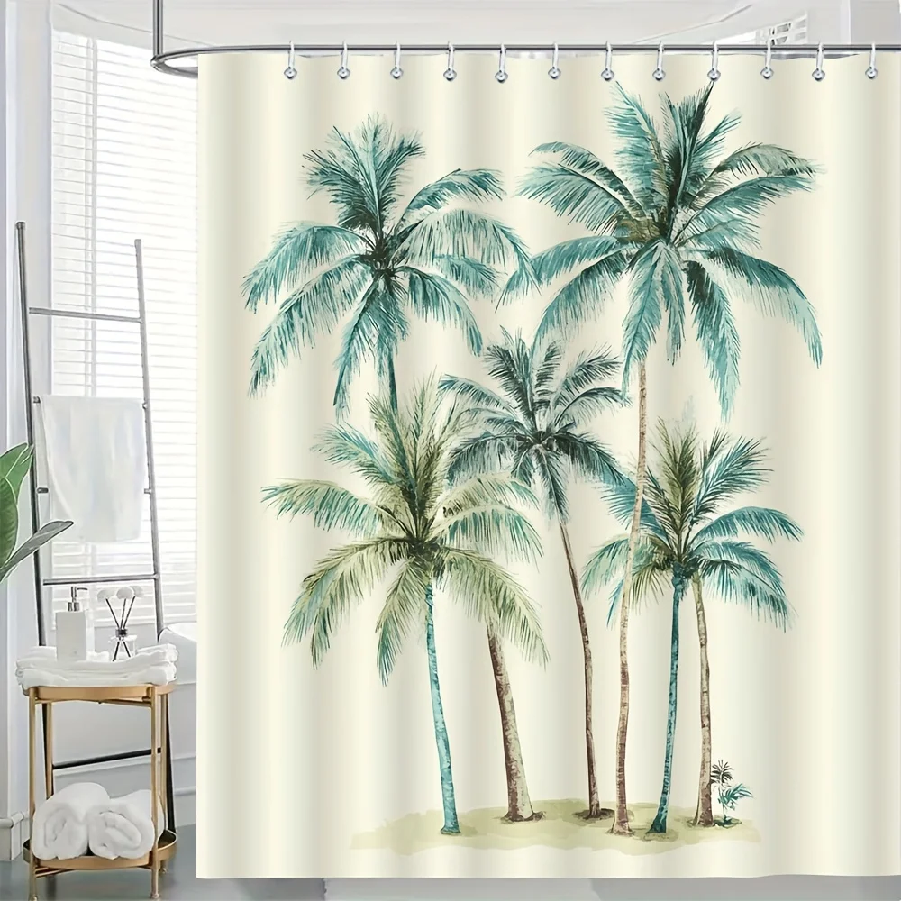 

Tropical Palm Tree Shower Curtain 71x71 Beige Blue Polyester Washable with Hooks Serene Decor