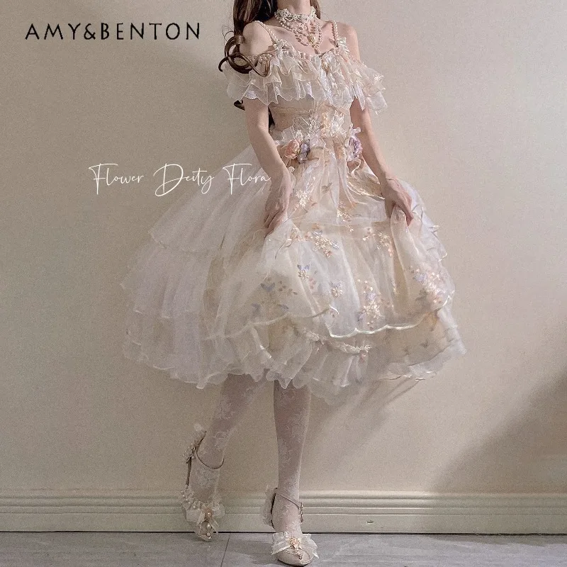 エレガントなフェアリースタイルロリータドレス甘いかわいいリボンビーズパールストラップ JSK ハイウエストスリムミッドレングスドレスイブニングドレス