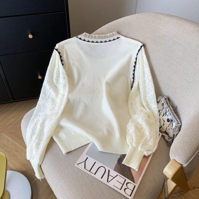 

Women's Lace Shirt Fake 2pcs Patch Knitting Long Sleeve Loose Tops Shirt Female Spring Autumn Fashion Elegant Knits Blouses