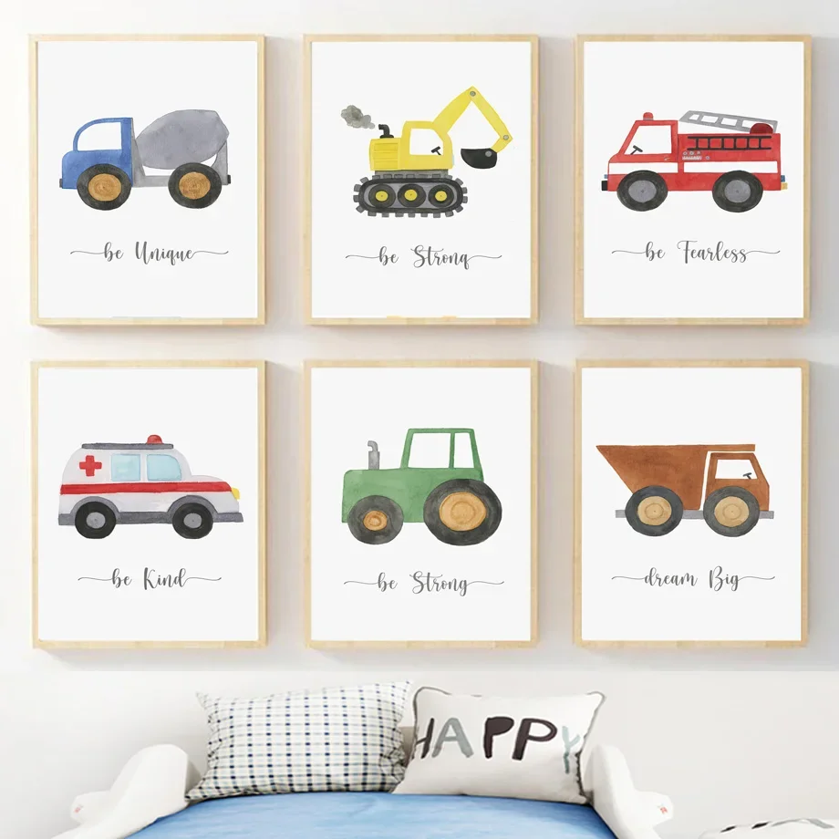 Cartoon Car Excavator Ambulance Fire Truck Mixer Wall Art Canvas Painting Posters And Print Pictures Baby Kids Room Home Decor