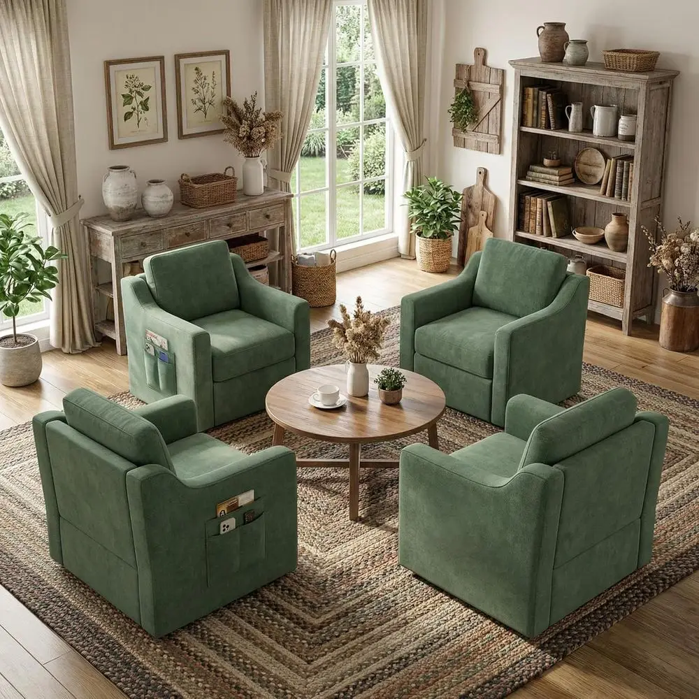 

360° Swivel Accent Chair Set o 4, Large Comy Reading Chairs, Square Single-Seat Armchair Upholstered Soa or Reading, Nursery, Li