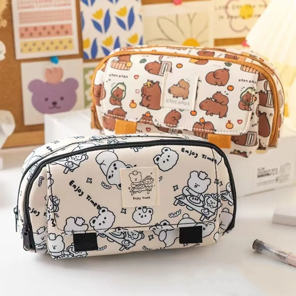 Storage Bag Kawaii Capybara Pencil Bag Cute Aesthetic Pencil Case Multi-layer Zipper Stationery Bag Desktop Organizer