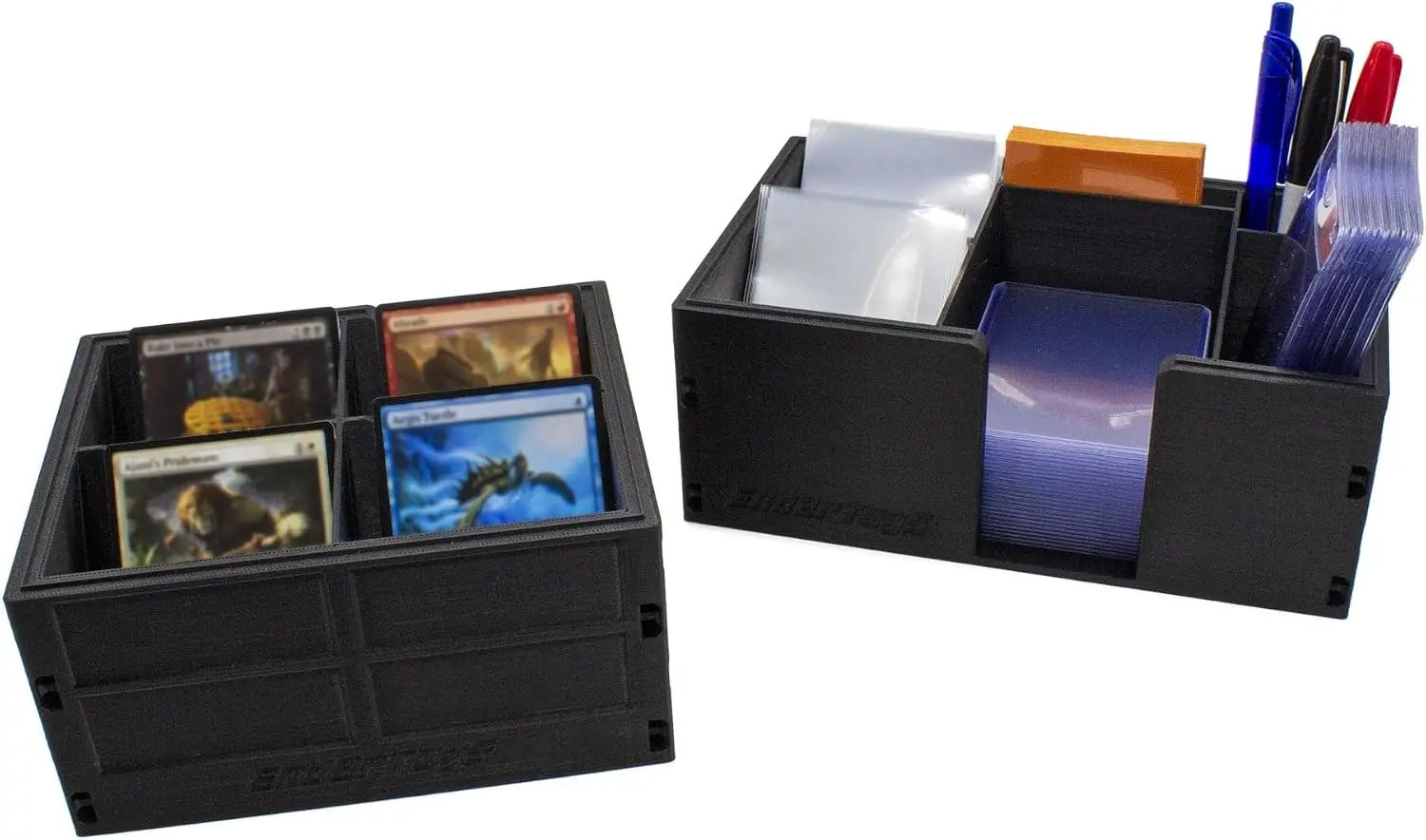 Trading Card Toploader & Penny Sleeve Station (Matte Black Acrylic) with Rubber Feet for Anti-Slip Base - Dual Compartment Dispe