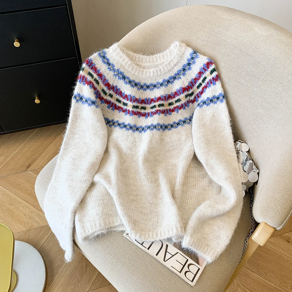 

Вельветовый вязаный топ, женский осенне-зимний тонкий свободный шерстяной топ с ярким узором, сладкий слей