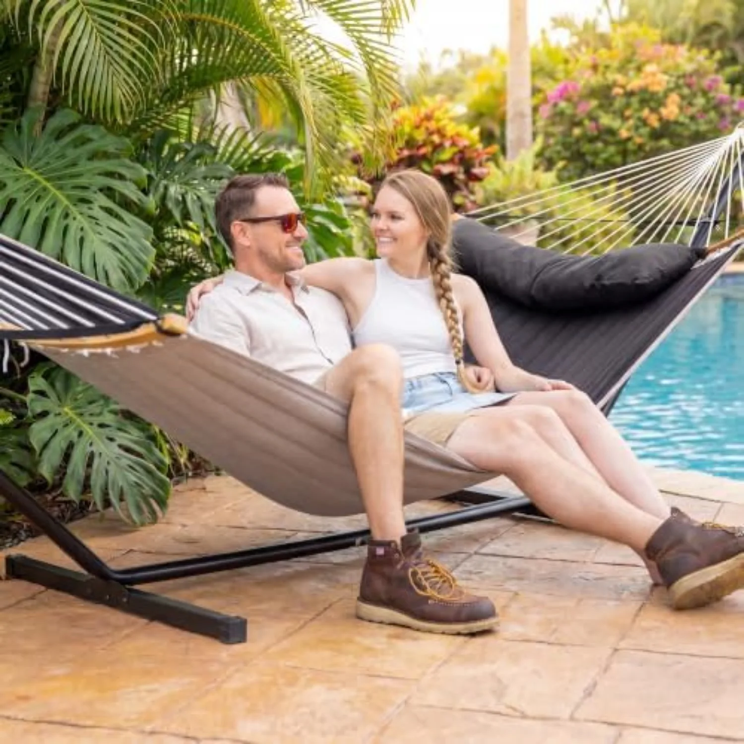 Double Portable Hammock with Stand, 2 Person Hammock with Curved Spreader Bar, Balance Ropes Included, Dark Gray | 2