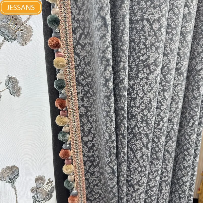 New Chinese Style Blue Purple Gilding Jacquard Velvet Curtains for Living Room Bedroom French Window Embroidered Window Screen