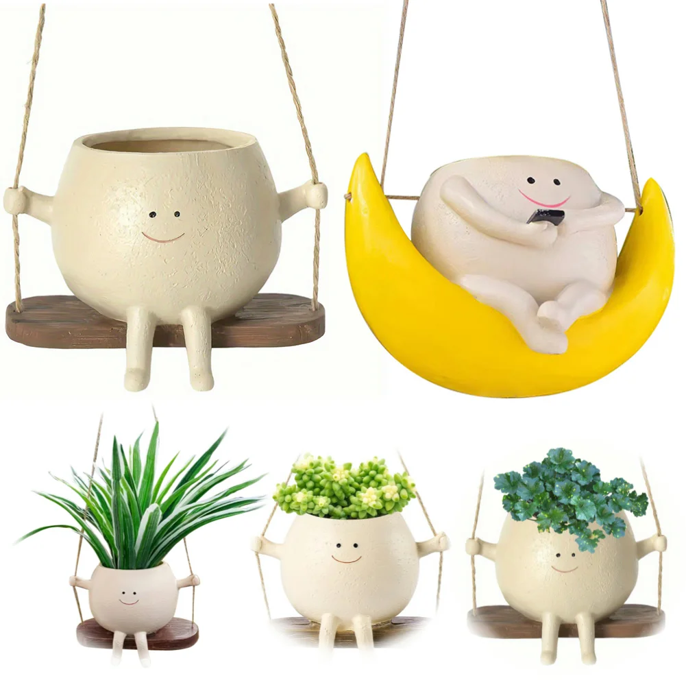 

Swing Smile Face Planter Resin Hanging Hammock Planter Creative Hanging Swing Chair Planter for Indoor Outdoor Plant