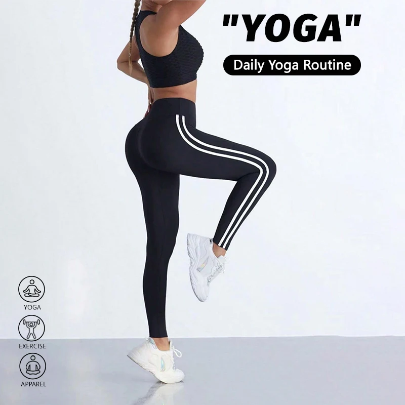 

Women's Hip Lift High Waist Yoga Leggings Lightweight Gym Running Fitness Casual Daily Wear white stripes Elastic Sports Pants