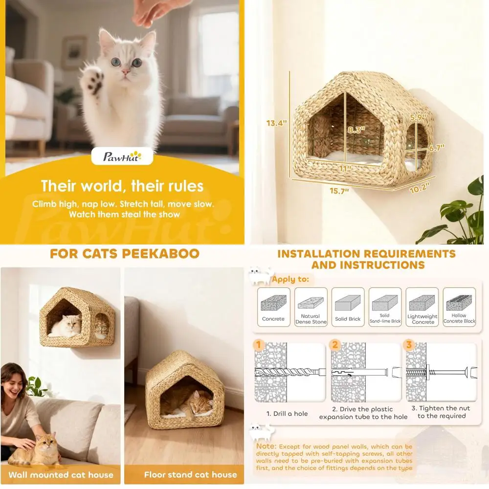 

Настенный кошачий домик для дома с моющимся наполнителем, полка натурального цвета для кошек и котят