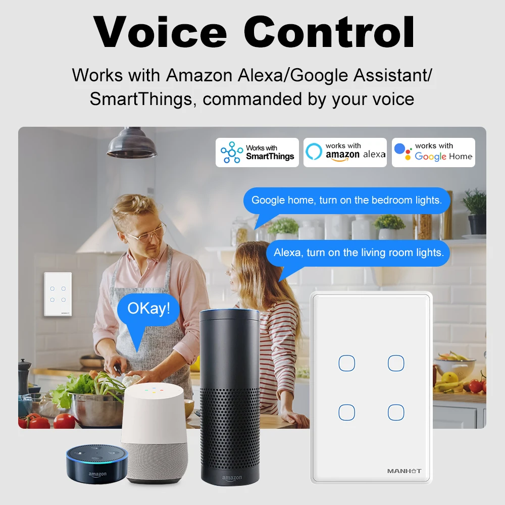 MANHOT Smart WiFi Touch Switch US 1-4 Gang Support Neutral/No Neutral Wire Compatible APP Control Smart Life Alexa Google Home