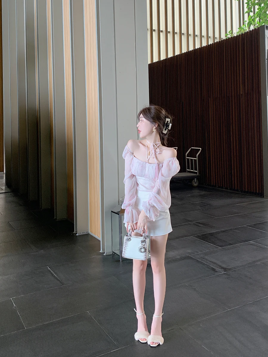 

Летняя женская блузка ByYou из шифона с цветочным принтом, розовая, с поясом, короткими рукавами-фонариками, в корейском стиле, приталенная