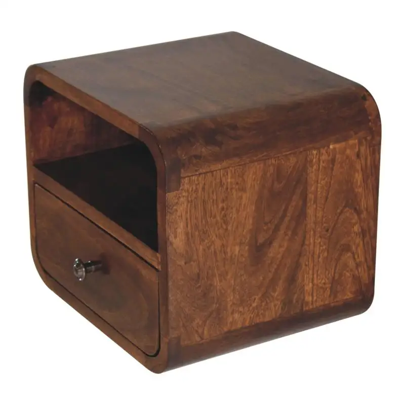 Extra Mini Curved Chestnut Wall-Mounted Nightstand with Open Slot and 1 Drawer Storage Solution