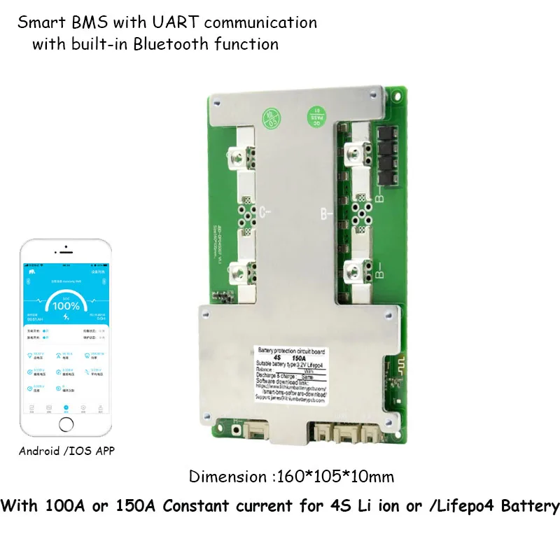 4S 16.8V  Li ion Battery Smart BMS or 4S Lifepo4 14.6V PCB   with 100A or 150A constant current and UART Communication