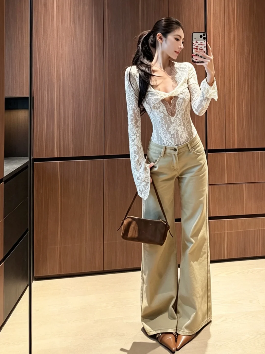 Extended Length Khaki Low Waist Bell Bottom Jeans Women's Version Super Good Looking Non-Matching Leggings Bootcut Denim Jeans