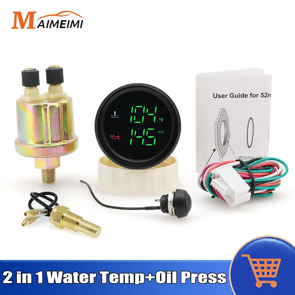 2 بوصة 52 ملم 2 في 1 رقمي 40-120 ℃   درجة حرارة الماء + مقياس ضغط الزيت 0-10 بار مع إنذار مع مستشعر 1/8 NPT لقارب السيارة 12 فولت 24 فولت مارين