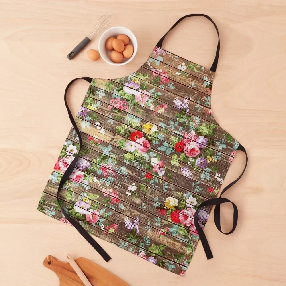 

Elegant pink roses floral rustic brown wood Apron Kitchen on the wall restaurant accessories Men's Kitchen Hairdressing Apron