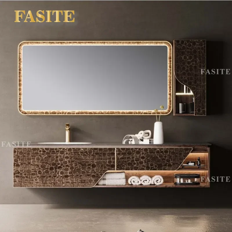 For Modern Light Luxury Bathroom Cabinet with Marble Pattern Rock Slab Countertop Intelligent Defogging Mirror Vanity Unit