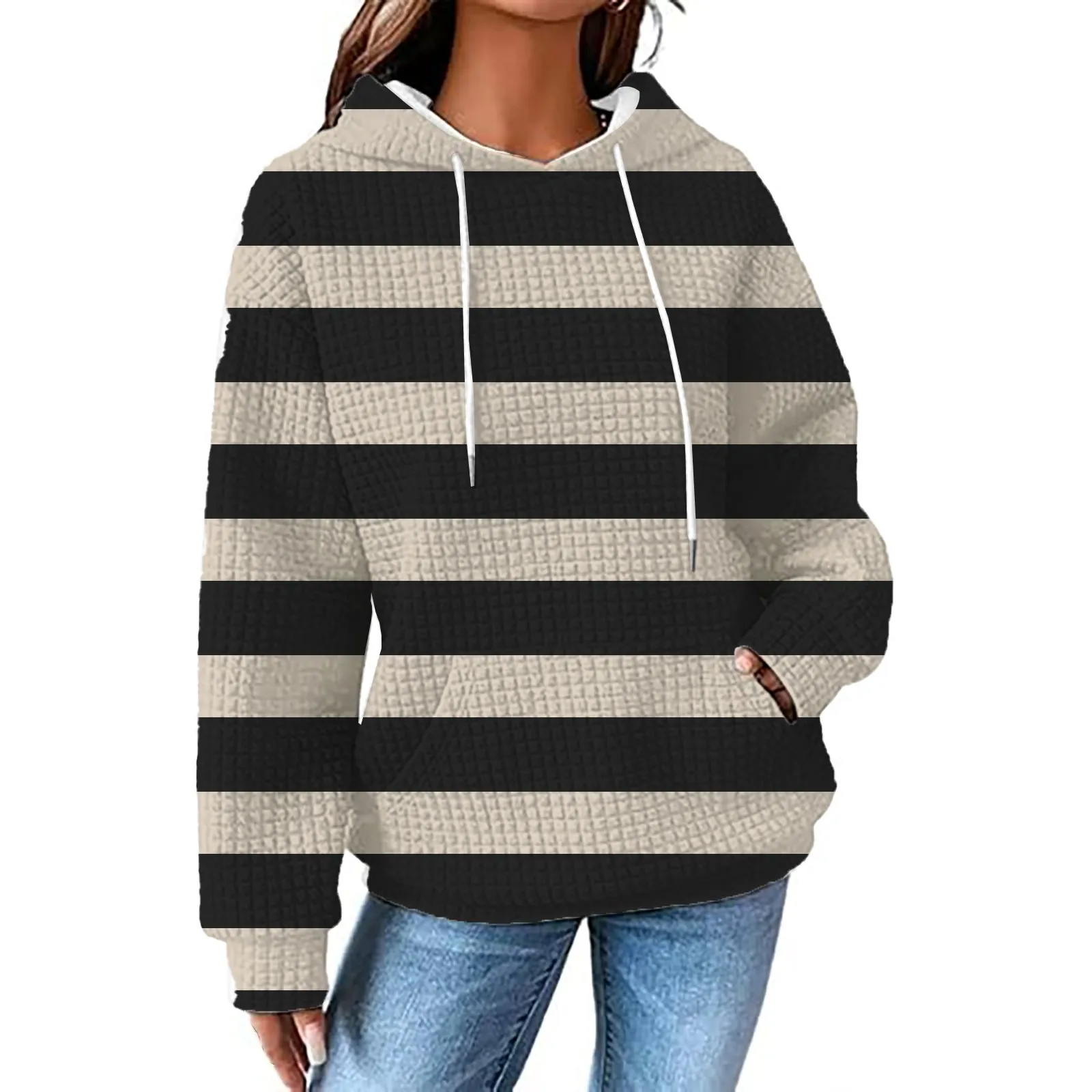 

Womens Contrast Striped Hoodies Trendy Lightweight Sweatshirts Long Sleeve Drawstring Tops Sweaters Comfy Fall Clothes Outfits