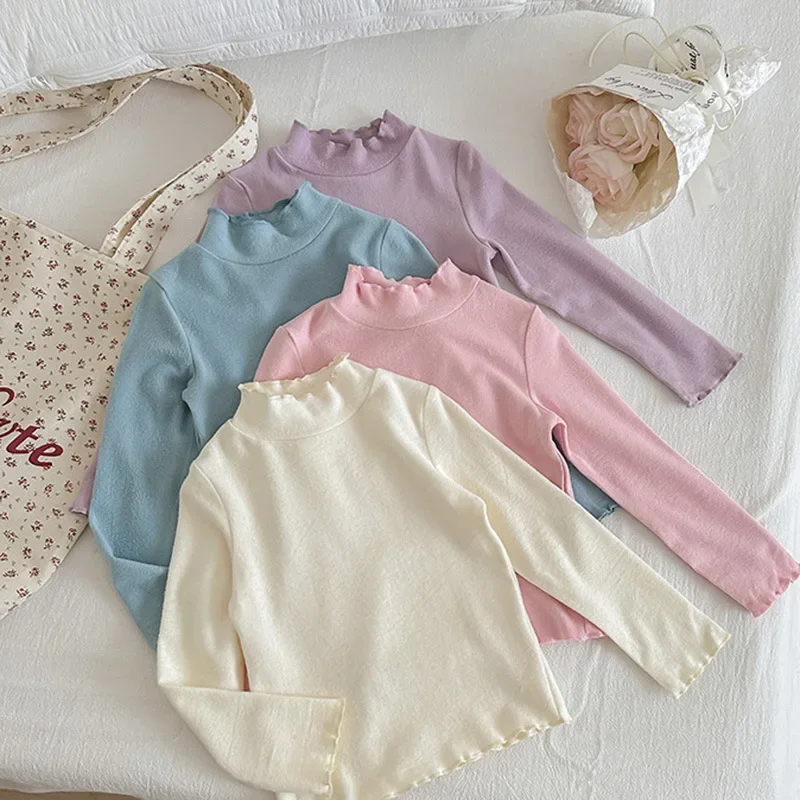 

2025 autumn new children's clothing Korean solid color base shirt with lotus leaf collar for girls spring T-shirt