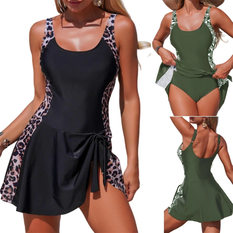 

2026 One Piece Womens Swimsuit Dresses Leopard Patchwork Side Tie Knot Swimwear O-Neck Tummy Control Bathing Suit
