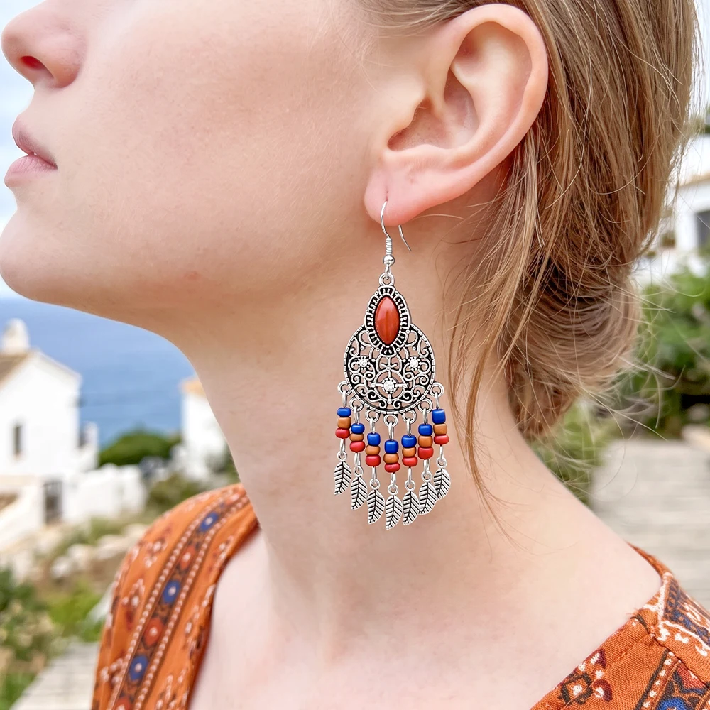 3-Pair Bohemian Drip-Glaze Earring Set – Vintage-Style Antiqued Silver with Colorful Seed Bead Tassels (Ethnic Style)