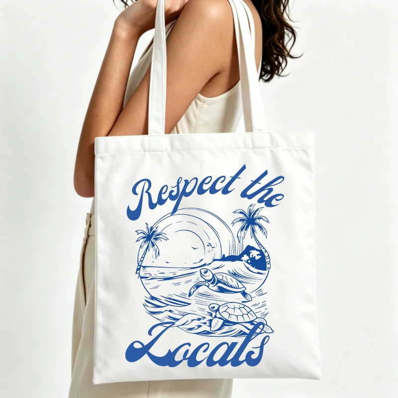 sea turtle and palm tree graphic canvas tote bag, vintage style for beach outings and casual shopping
