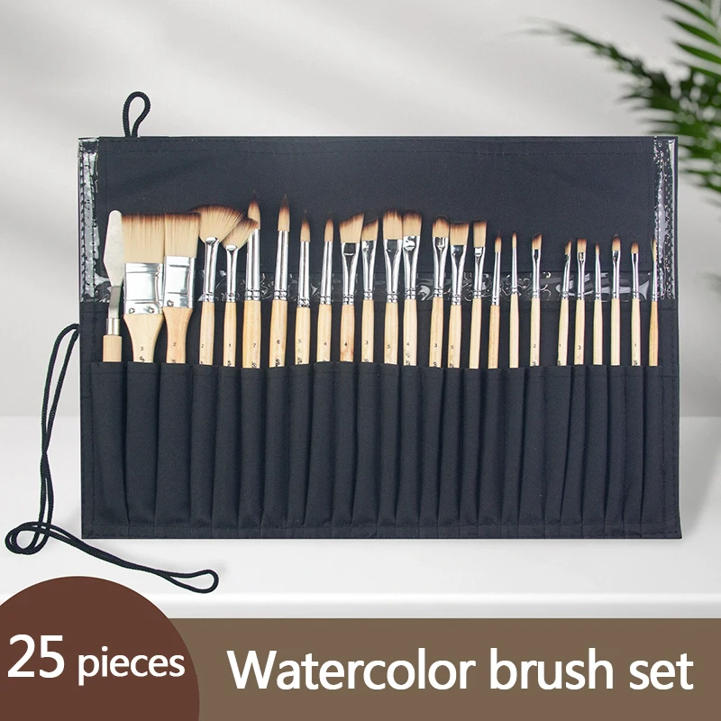 

25 pieces of nylon brush, oil painting brush, wooden acrylic brush set, mixed brush tip, portable brush with good adsorption