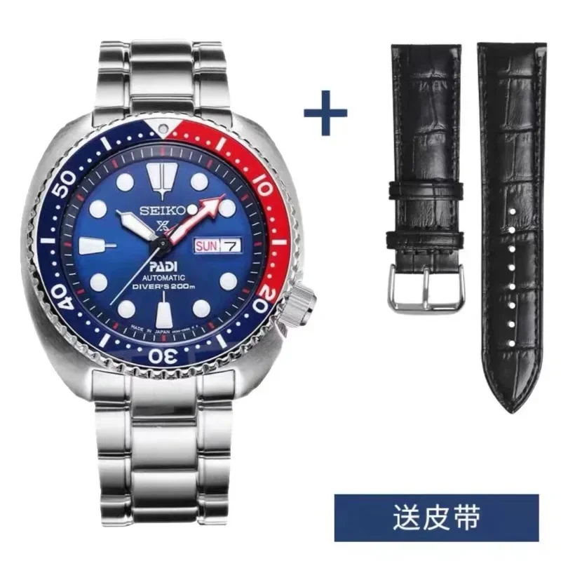 ساعة Seiko للرجال PADI SRPE99 Water Ghost أوتوماتيكية ميكانيكية ساعة غوص بحزام فضي وإطار أزرق وأحمر