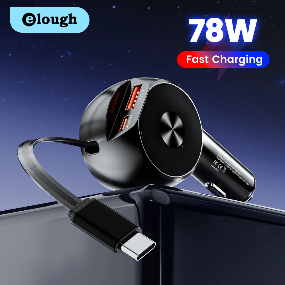 

Автомобильное зарядное устройство USB Type C, 78 Вт, с выдвижным кабелем типа C, адаптер для зарядки телефона QC3.0 для Iphone, Samsung, Xiaomi, Huawei