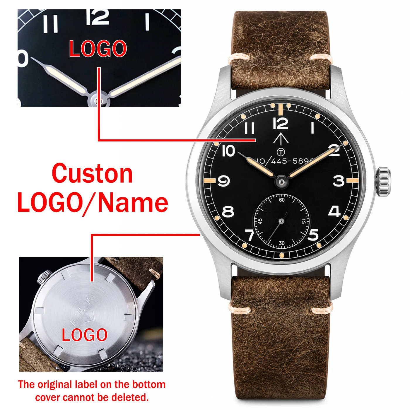 Maßgefertigte Personalisierte Militärfelduhren für Herren, Gewölbtes K1-Mineralglas, BGW9&C3 Zweifarbiges Leuchtmittel, VD78, Anpassbares Logo, Retro-Quarzuhr