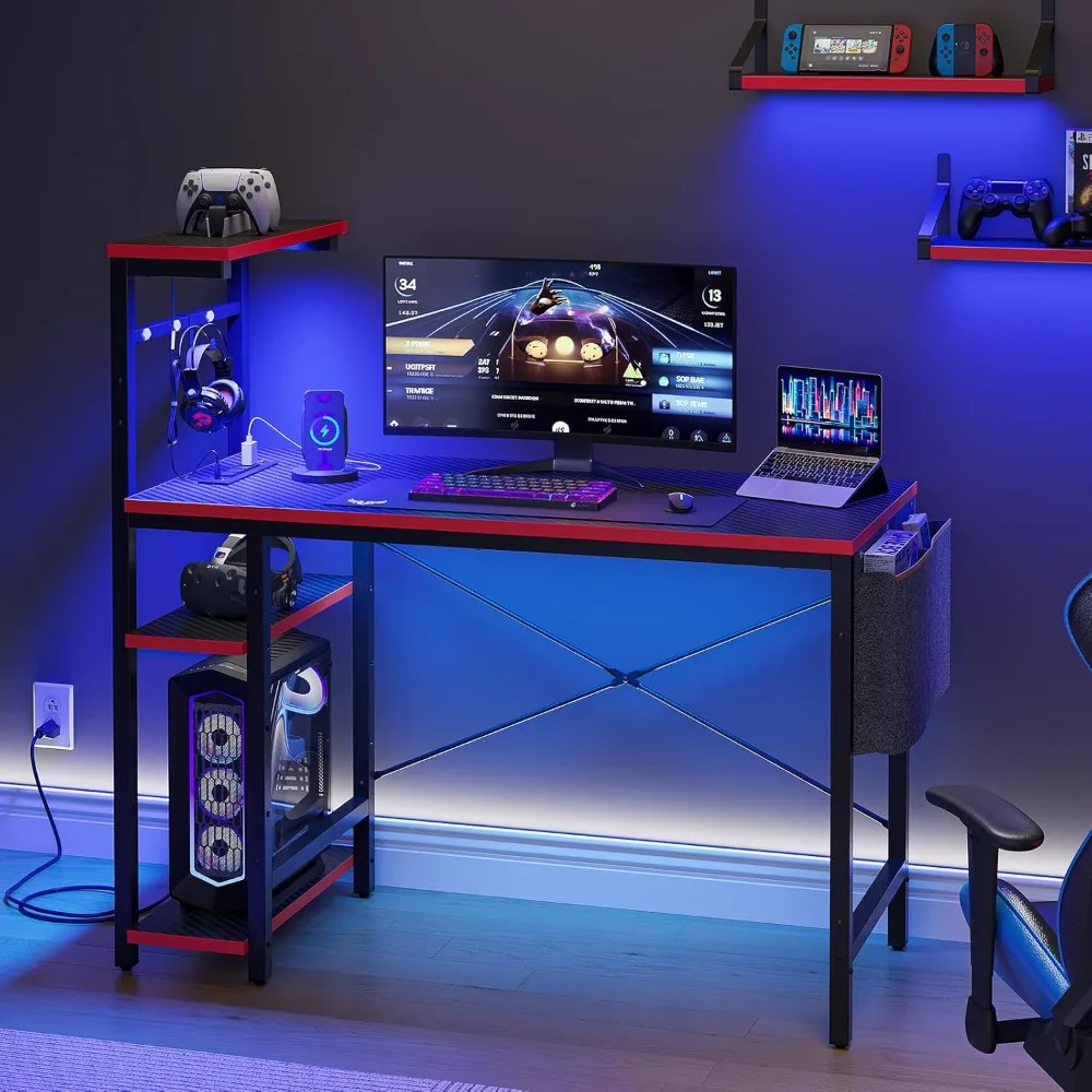 

Bestier Gaming Desk with Power Outlets, 44 Inch Led Gamer Desk with 4 Tiers Reversible Shelves, PC Gaming Table