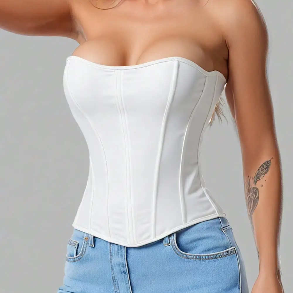 Sexy Korsett-Top in Unifarbe, Taillentrainer, trägerlos, schulterfrei, Korsett-Tanktop, Bustier mit Reißverschluss, Push-up, sexy Unterbrust-Top – Detail 5