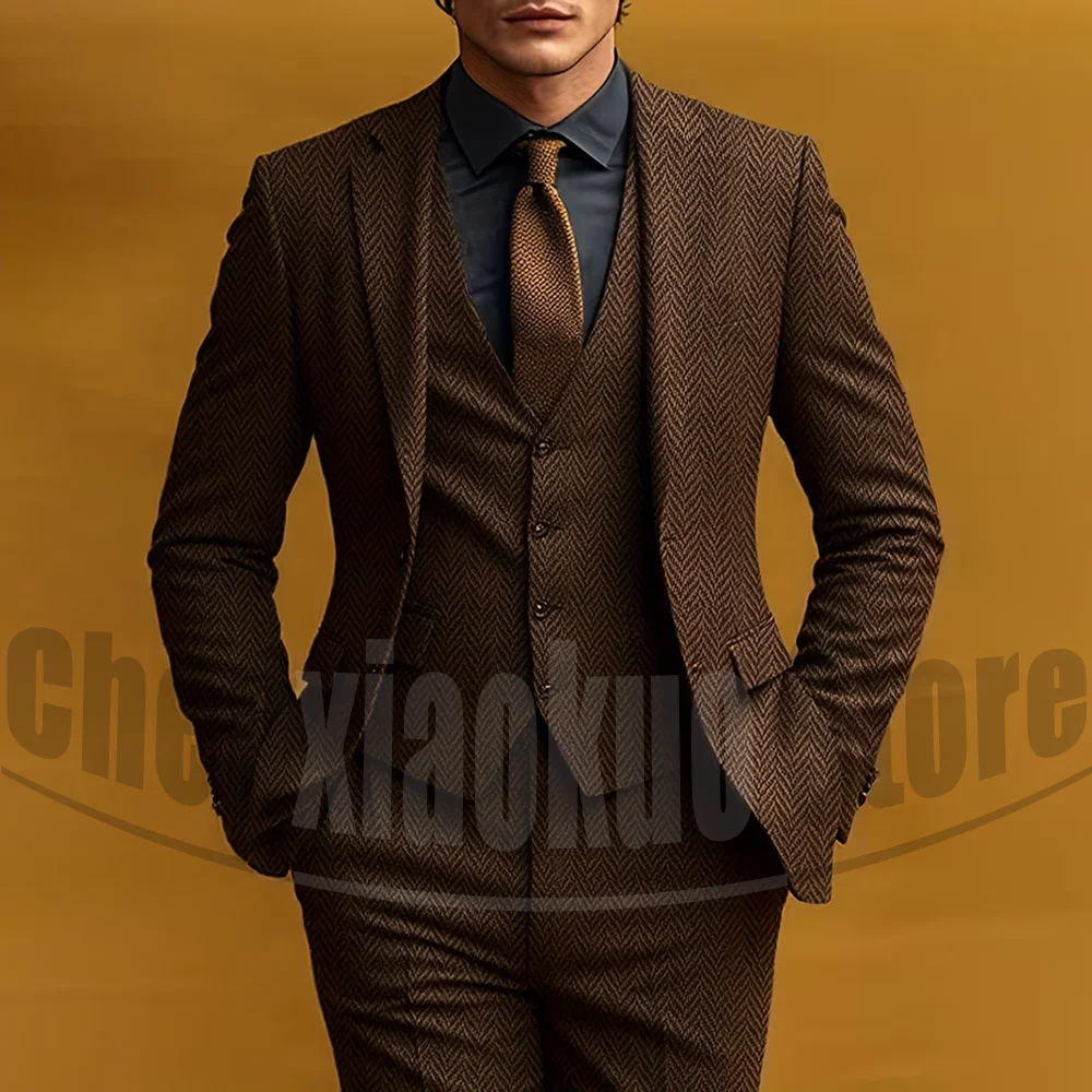 

Fashion Herringbone Men's Suit 3 Piece Vintage Style Single Breasted Blazer Vest Pants Formal Smart Casual Wedding Party Outfit
