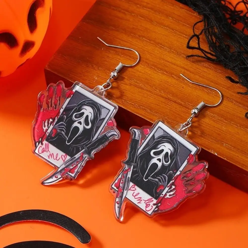 

With Double Faced Halloween Acrylic Earrings Drop-shaped Spindly Funny Dangle Earrings Simple Style Ghost Dark Skull Earrings