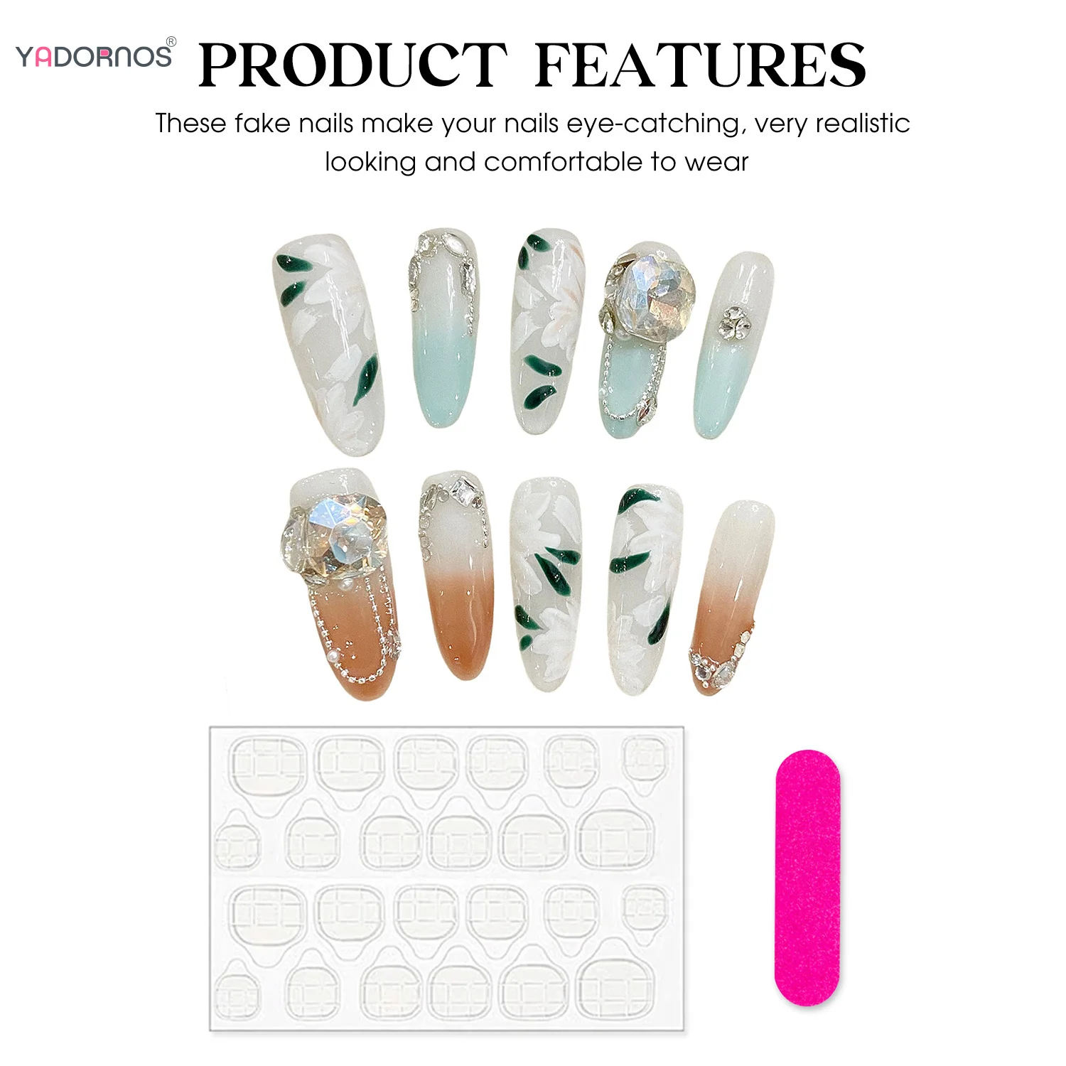 10 szt. Ręcznie robiona sztuczne paznokcie długa migdałowa prasa na paznokcie kwiat biały diamentowe wzory baleriny do noszenia do paznokci tipsów do Manicure