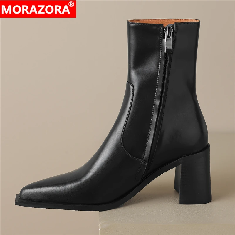 MORAZORA New Split Leather High Quality Ankle Boots For Women Pointed Toe Zipper Chunky High Heels Autumn Boots Big Size 34-43