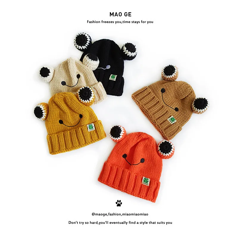 Cat Brother Children's New Cute Fashionable Knitted Frog For Boys And Girls Cloth Label Smiling Face Woolen Hat