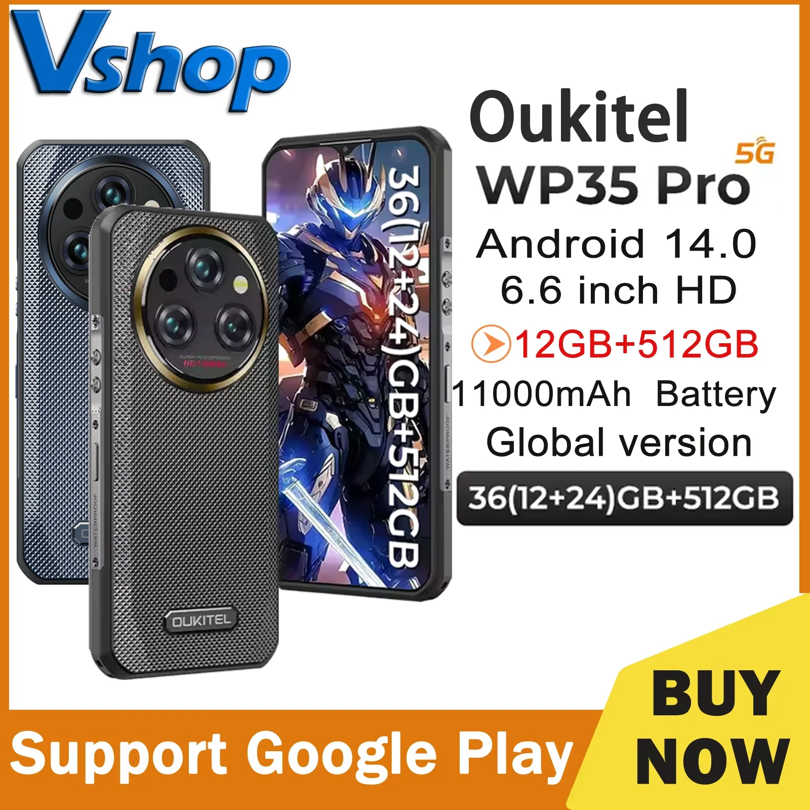 Oukitel WP35 Pro 5G هاتف متين 12GB + 512GB 6.6 بوصة أندرويد 14 11000mAh بطارية 64MP MediaTek الأبعاد 6300 NFC الهاتف الذكي
