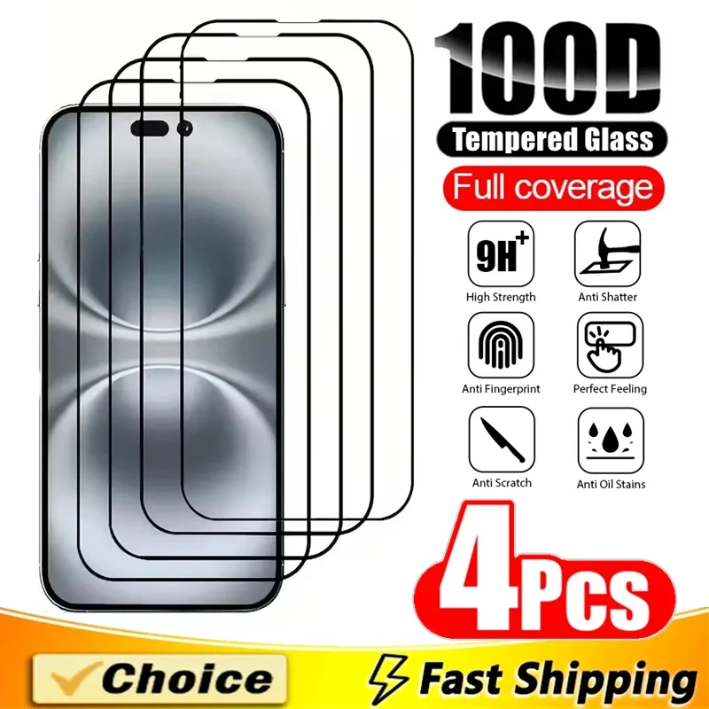 

4Pcs Tempered Glass For iPhone 15 14 13 11 12 16 Pro Max Mini 7 8 Plus Full Cover Screen Protector For IPhone 13 XR X XS MAX 16E