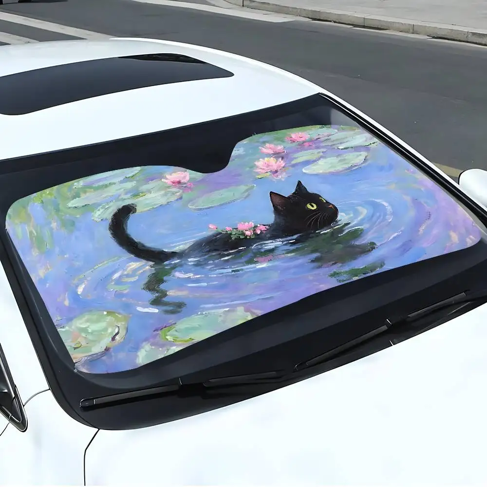 Gato de dibujos animados en hoja de loto parasol para coche cortinas parabrisas ventana delantera 70x130cm visera solar protección a cuadros regalo novedad coche