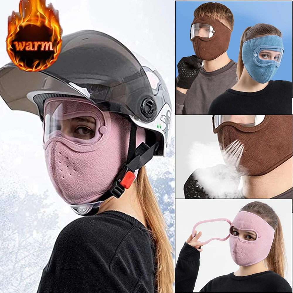 Winter Warm Face Mask Men Women Fleece Windproof Anti-fog HD Riding Goggles Thermal Cycling Skiing Full Face Protective Headwear