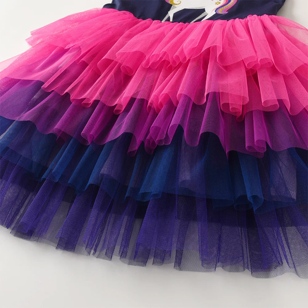 VIKITA Mädchen-Einhorn-Prinzessinnenkleid mit Flatterärmeln, Sommerkleid in Marineblau, für Kinder, Farbverlauf, gestuft, glitzernd, für Hochzeit, Party, elegantes, mehrlagiges Kleid – Detail 4