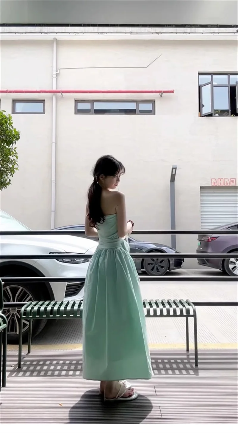 2025년 여름 아동용 그린 원숄더 스트랩리스 드레스, 여성 허리 조절 롱 스커트 포함 비치 휴가룩