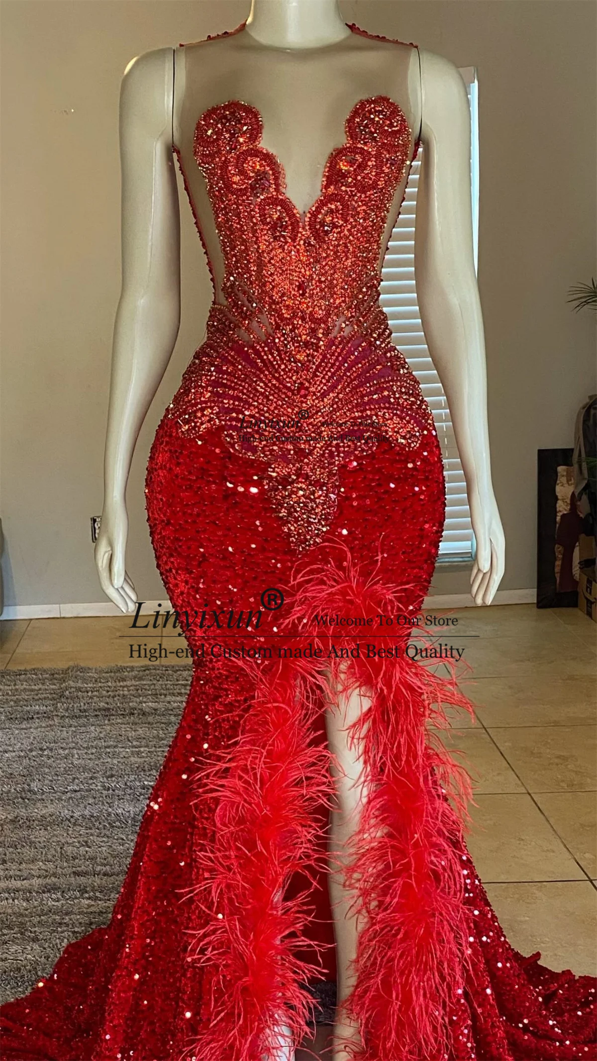 Sparkly Red Fearthers High Split Diamonds Mermaid Prom Dress For Black Girls Sequins Crystal Beading Evening Party Gala Gowns