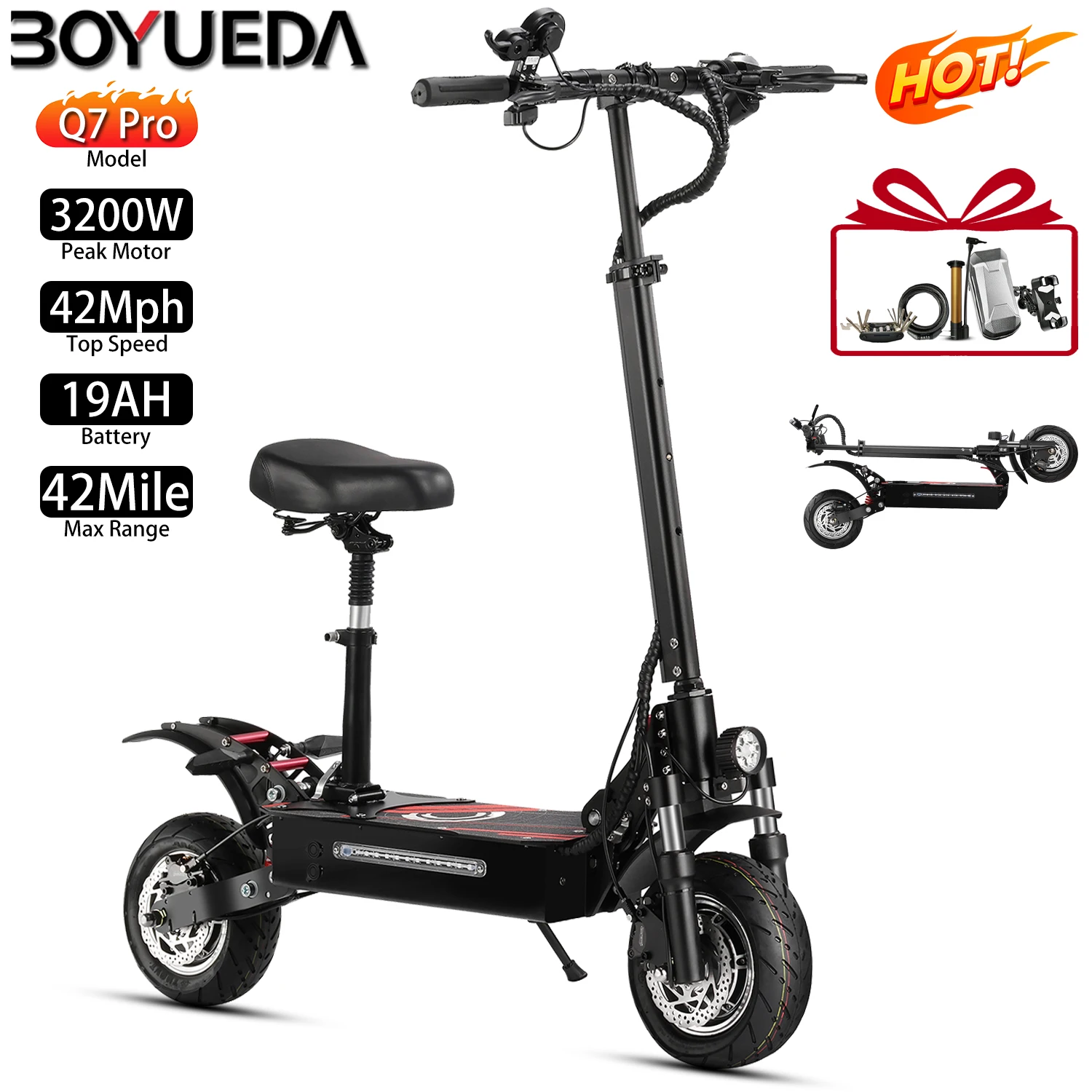 

Электрический самокат Boyueda Q7 Pro, 10 дюймов, 1600 Втx2, двойной мотор, электронный самокат, складная верхняя скорость, 42 миль, 988 Втч, максимальный диапазон, 42 миль, нагрузка 330 фунтов, новинка