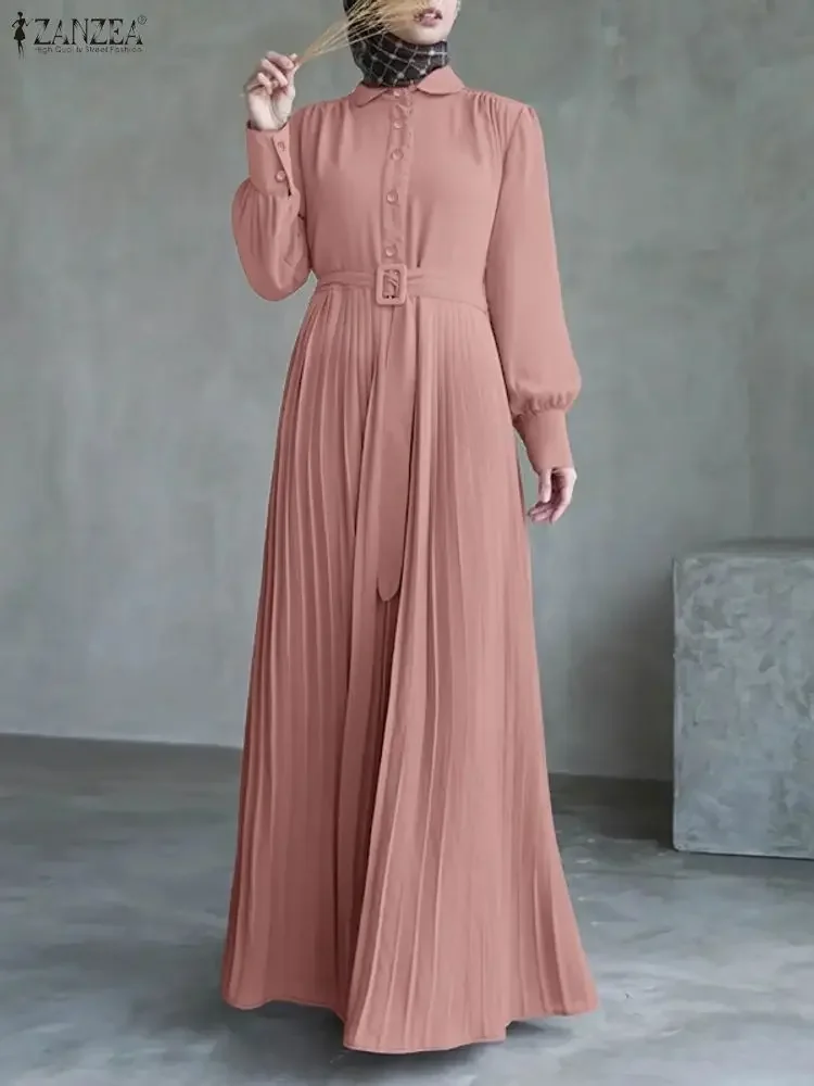 Fashion Autumn Muslimn Abaya Dress ZANZEA Women Dresses 2025 Elegant Lapel Long Sleeve Pleated Sundress Hijab Long Robe Femme 4